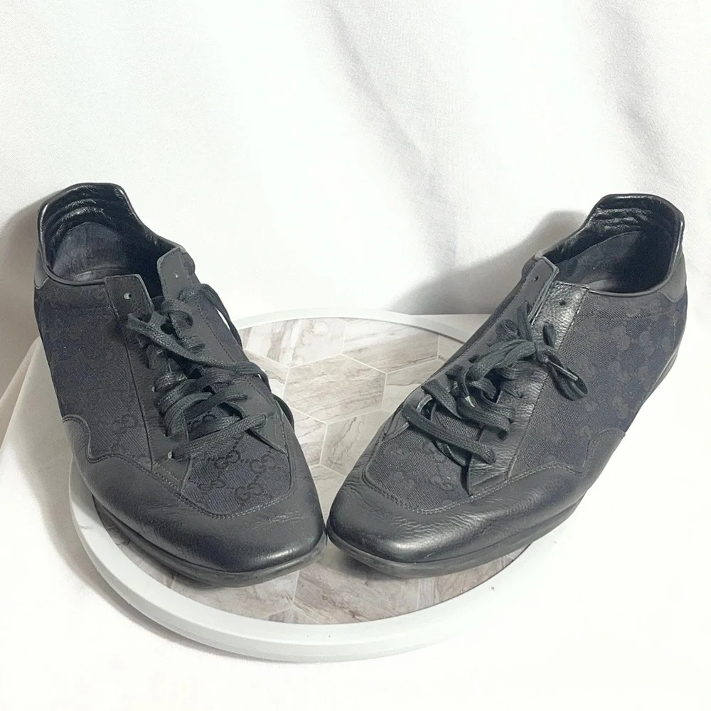 Gucci Black GG Canvas Leather Lace Up Sneakers Shoes Size 12 G